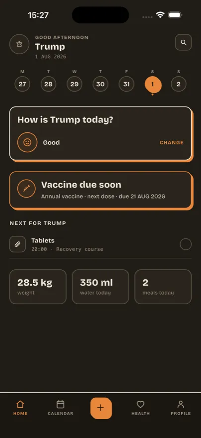Taily home screen showing today's status, an upcoming vaccine reminder and a medication dose for the day