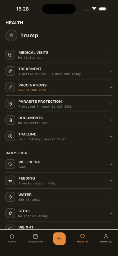 Taily health overview screen listing vaccinations and parasite protection status