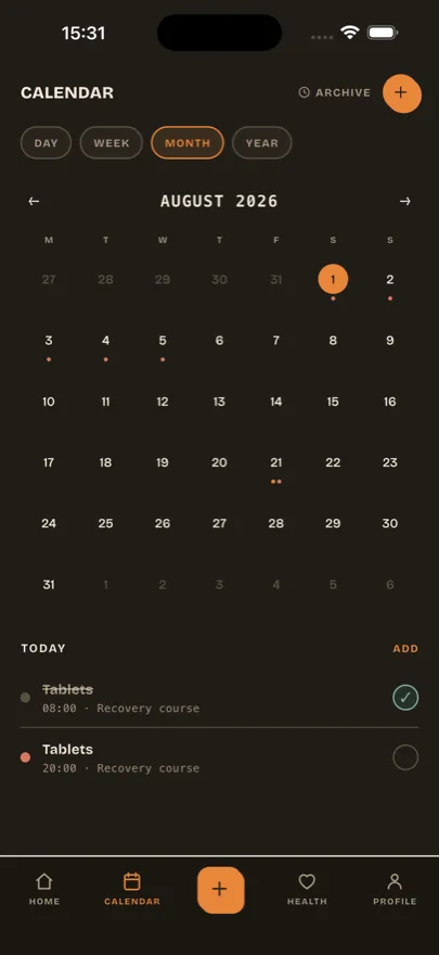 Taily calendar screen with upcoming medications, vaccines and appointments