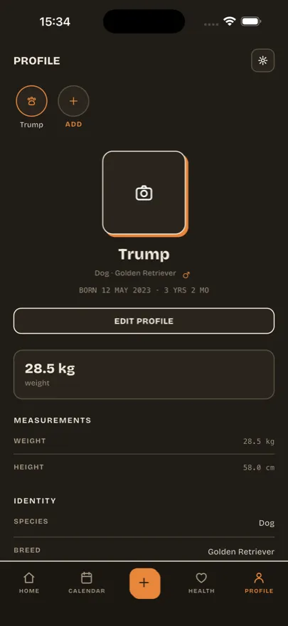 Taily pet profile screen with records and documents