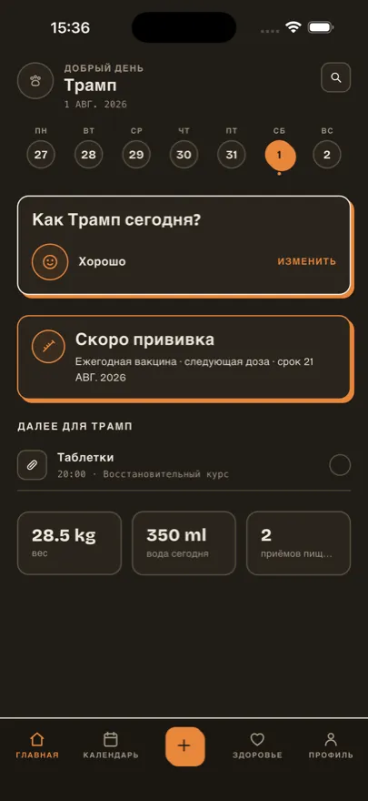Главный экран Taily с состоянием на сегодня, напоминанием о прививке и приёмом лекарства